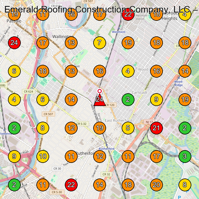 Emerald Roofing Construction Company, LLC Roofing Contractor GeoGrid ranking map for East Rutherford NJ